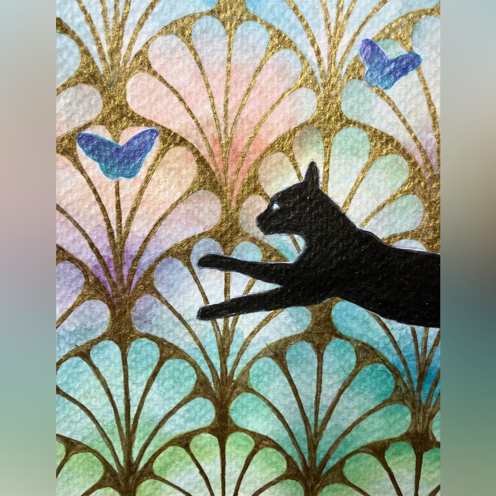Original cat painting butterflies art nouveau hold accent decor Artettina USA - Picture 5 of 8